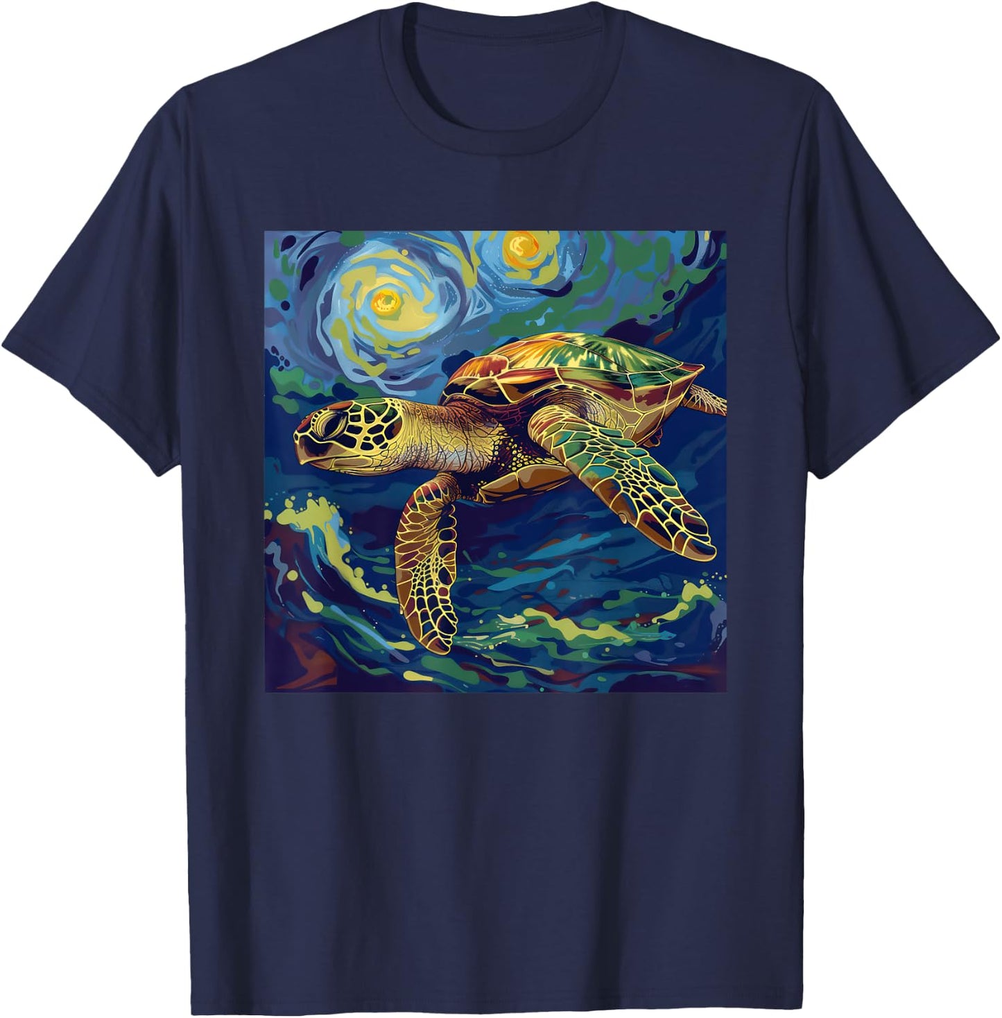 Sea Turtle Van Gogh Style Starry Night T-Shirt - T-Shirt | Navy
