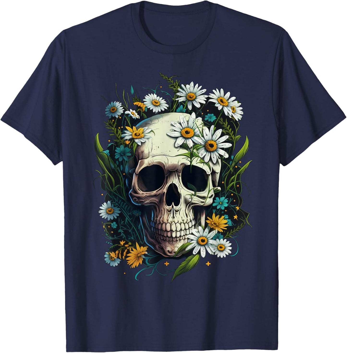Floral Daisy Flower Skull on Skeleton Daisy Flower T-Shirt - T-Shirt | Navy