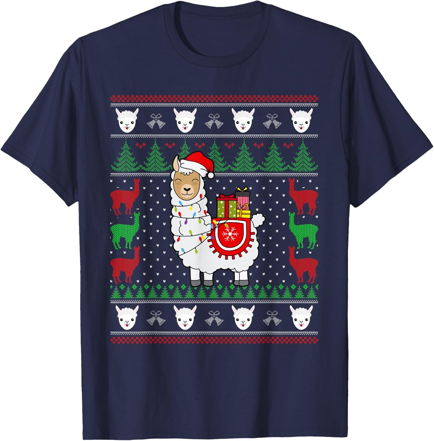 Christmas Llama Santa Hat Cute Ugly Xmas Sweater Funny Gift T-Shirt - T-Shirt | Navy