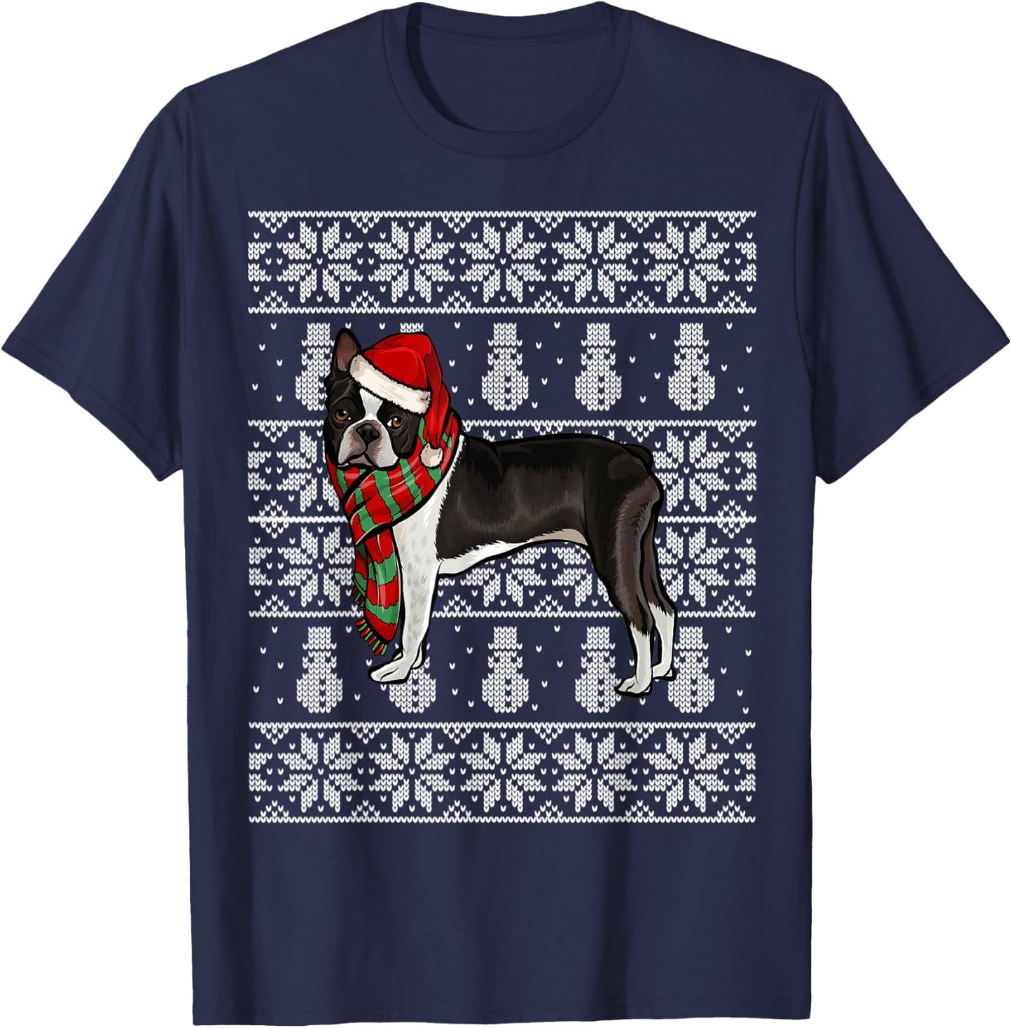 Santa Hat Xmas Boston Terrier Ugly Christmas T-Shirt - T-Shirt | Navy