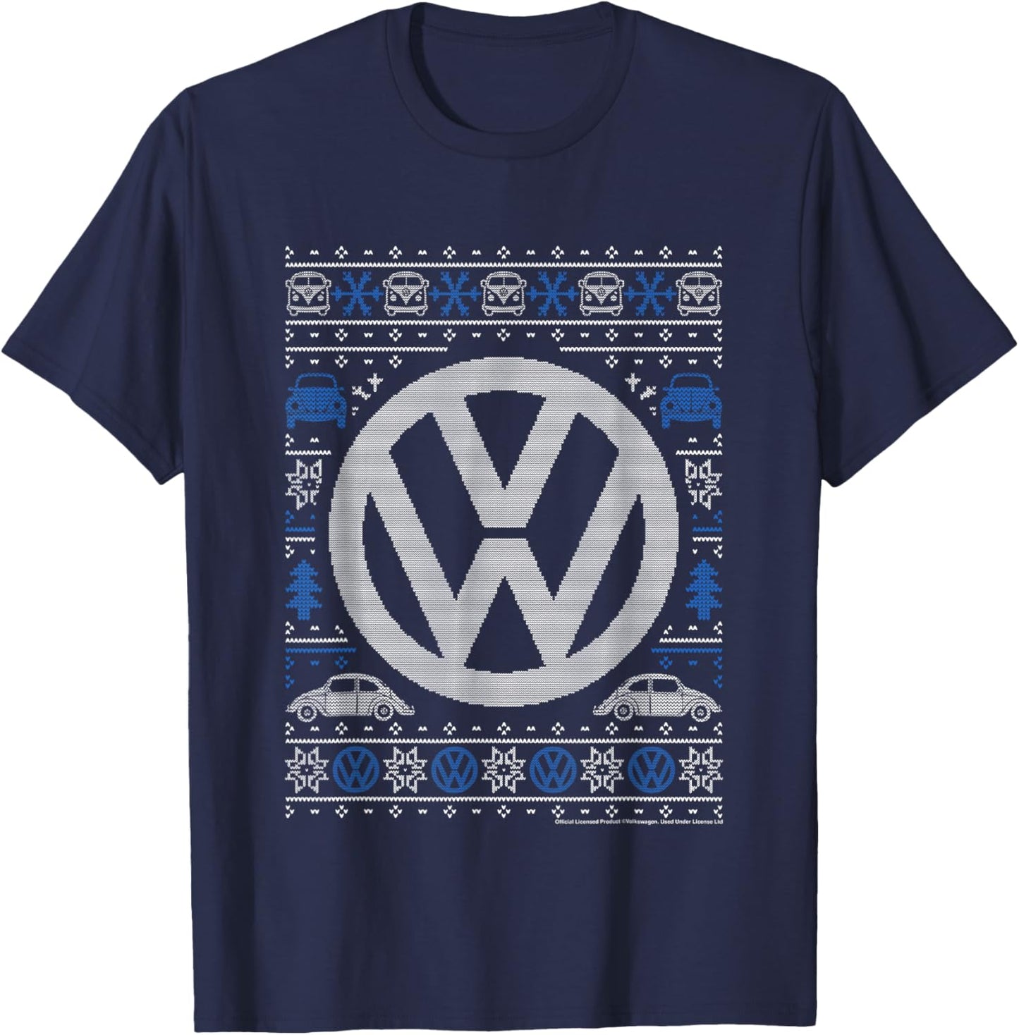 Volkswagen Classic Beetle Car Christmas Knit Knit Pattern T-Shirt - T-Shirt | Navy