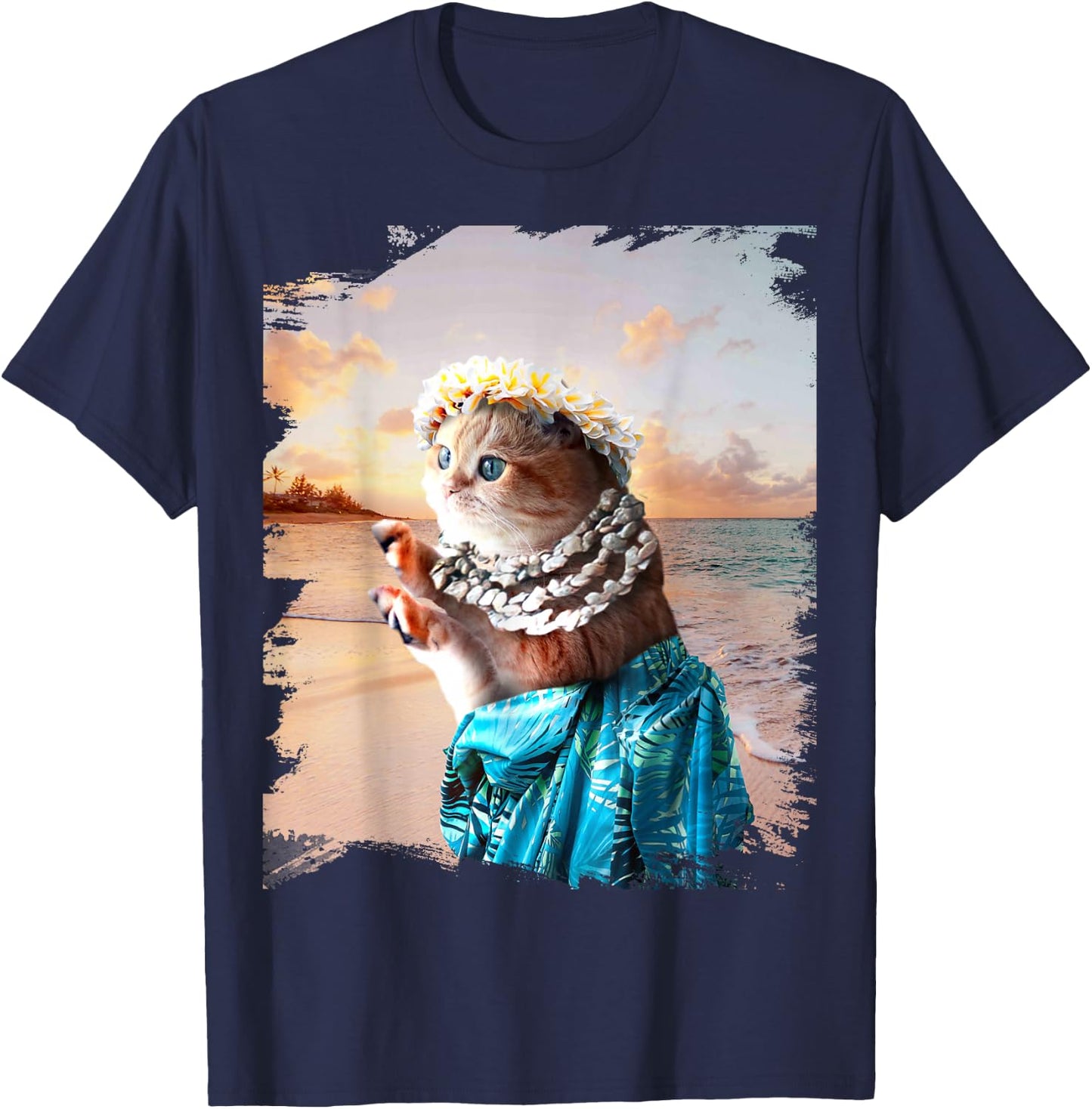 Funny Aloha Hawaiian Cat T-Shirt - T-Shirt | Navy