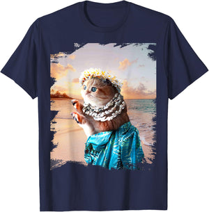 Funny Aloha Hawaiian Cat T-Shirt - T-Shirt | Navy