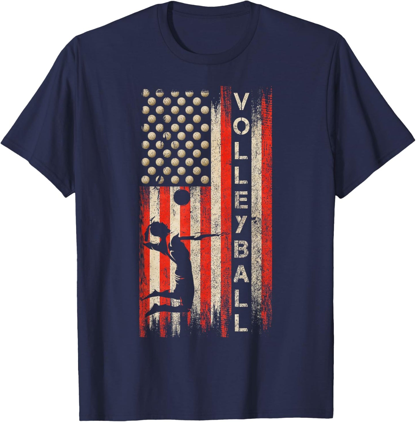 Vintage USA American Flag Volleyball Player Team Silhouette T-Shirt - T-Shirt | Navy