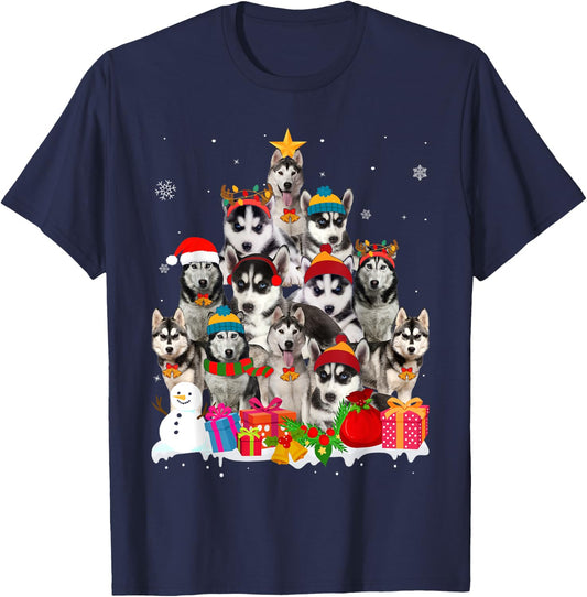 Funny Siberian Husky Christmas Tree Pet Dog Lover Women Kids T-Shirt - T-Shirt | Navy
