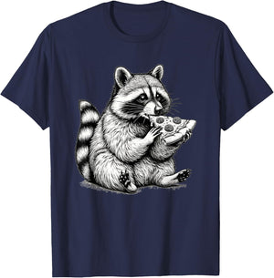 Raccoon Eating Pizza Slice Hand Drawn Art Cute Raccoon T-Shirt - T-Shirt | Navy