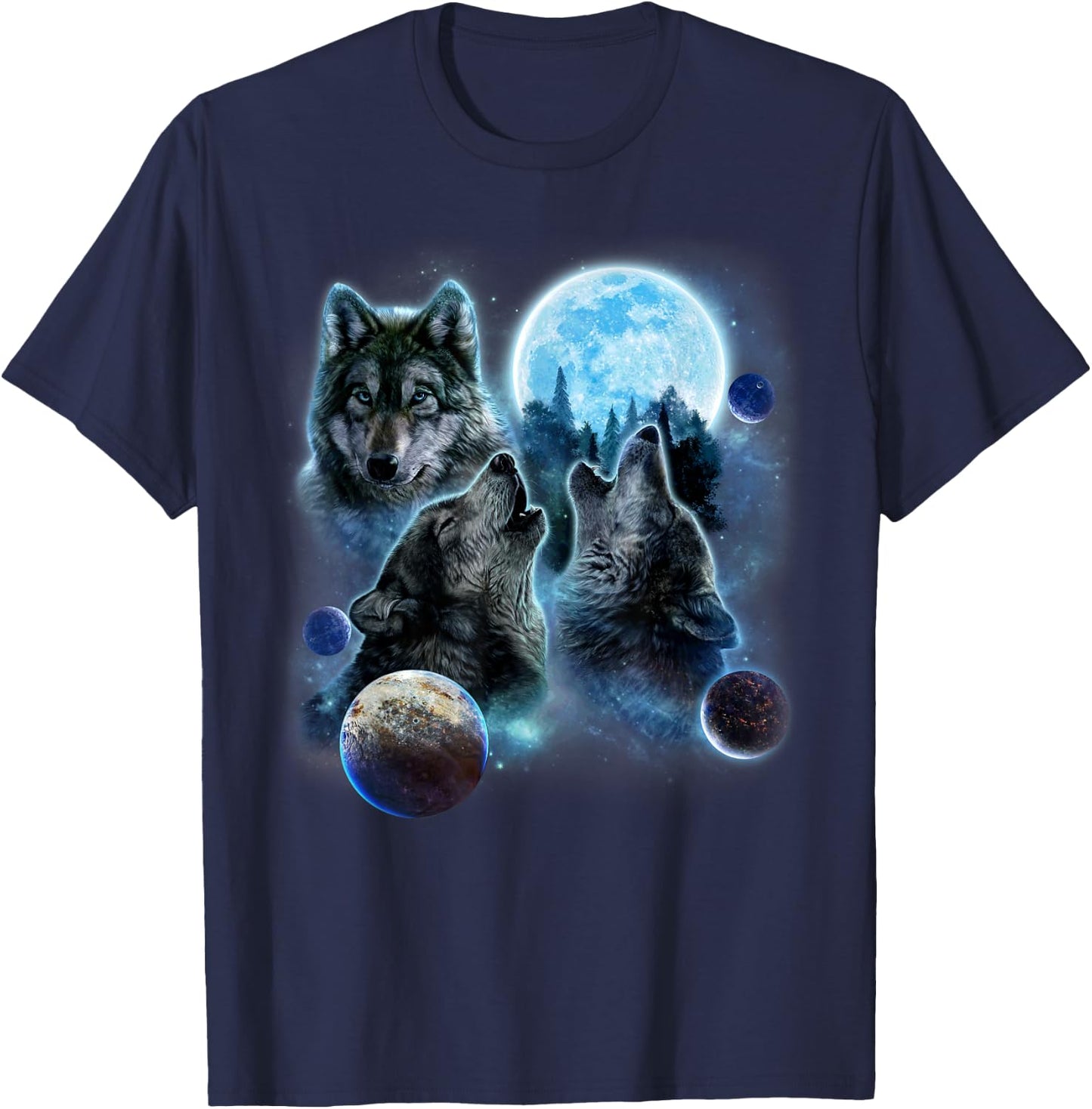 Three Wolf Howling and Moon T-Shirt - T-Shirt | Navy