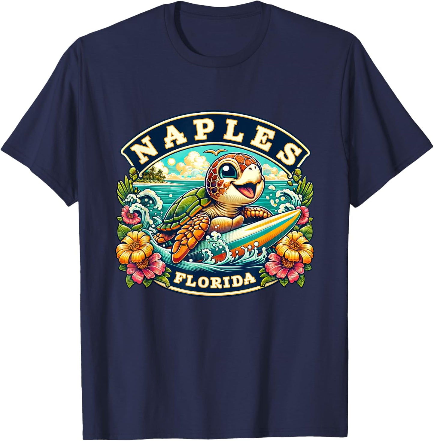 Naples Florida Cute Sea Turtle Surfing T-Shirt - T-Shirt | Navy