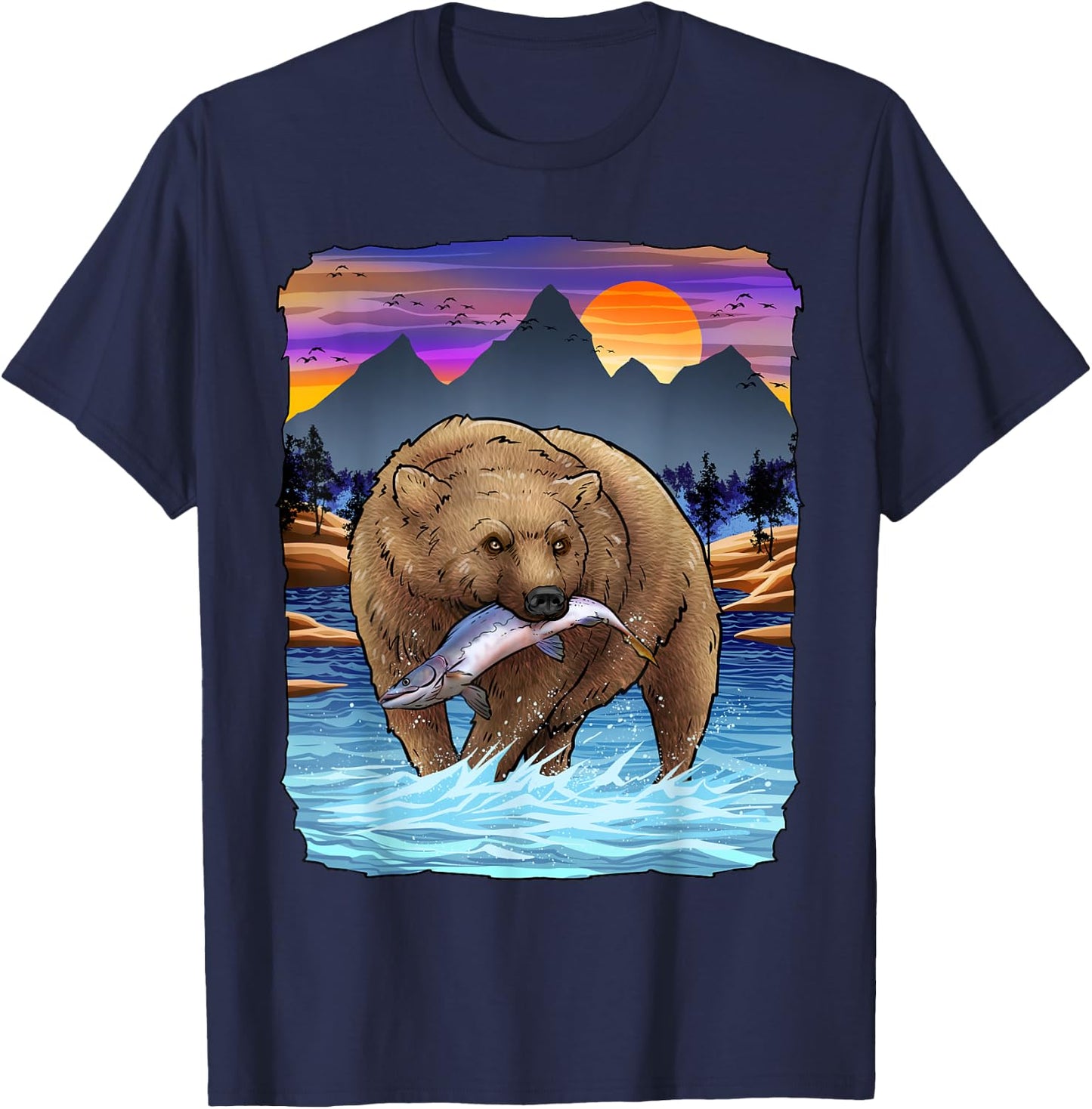 Grizzly Bear Catching Salmon Alaska Fishing Nature Lover T-Shirt - T-Shirt | Navy