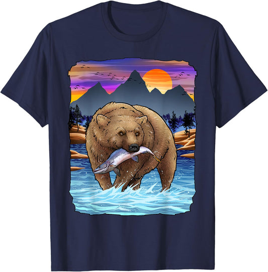 Grizzly Bear Catching Salmon Alaska Fishing Nature Lover T-Shirt - T-Shirt | Navy