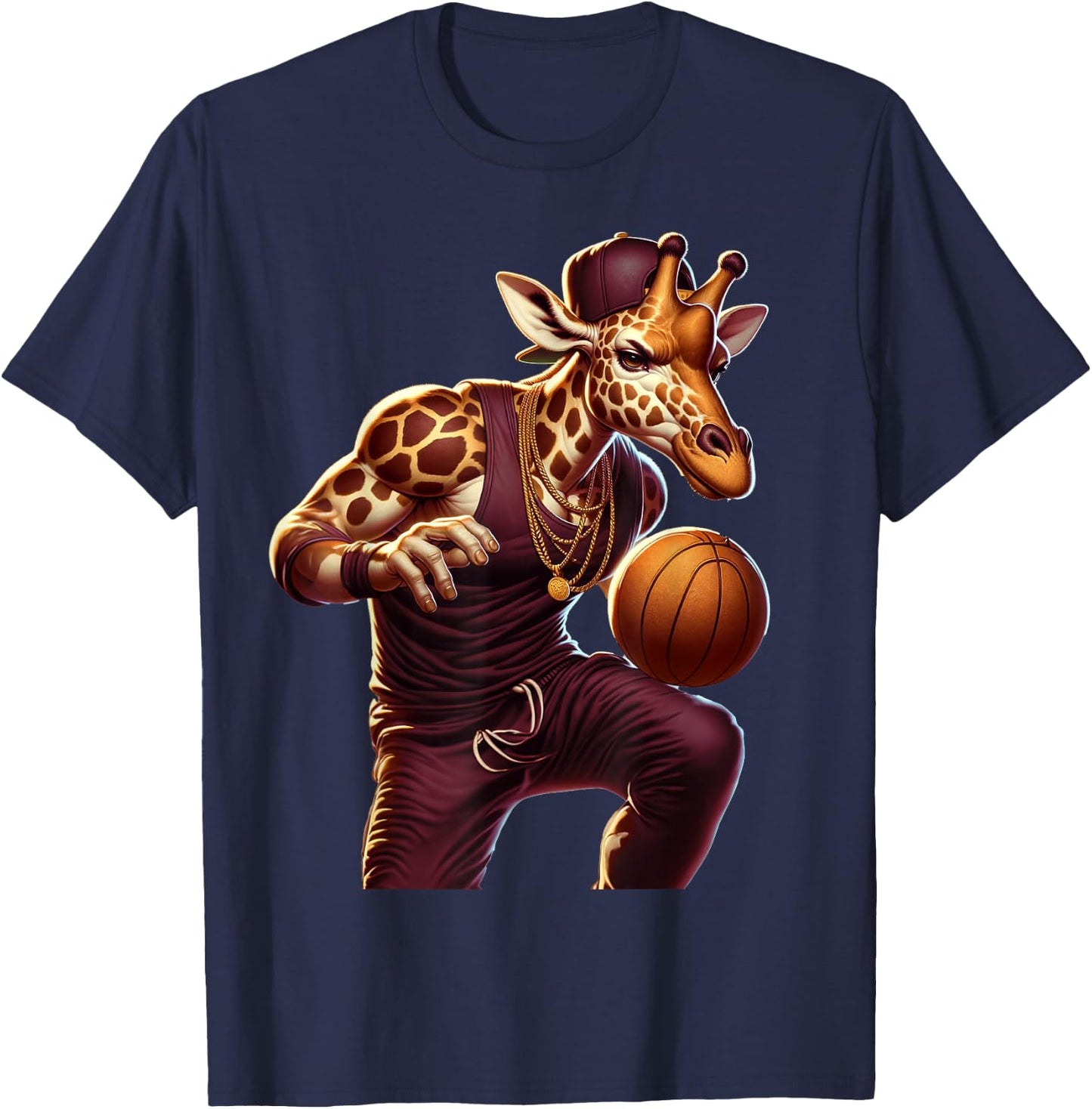 Basketball Playing Giraffe Graphic Hoops Animal Humor T-Shirt - T-Shirt | Navy