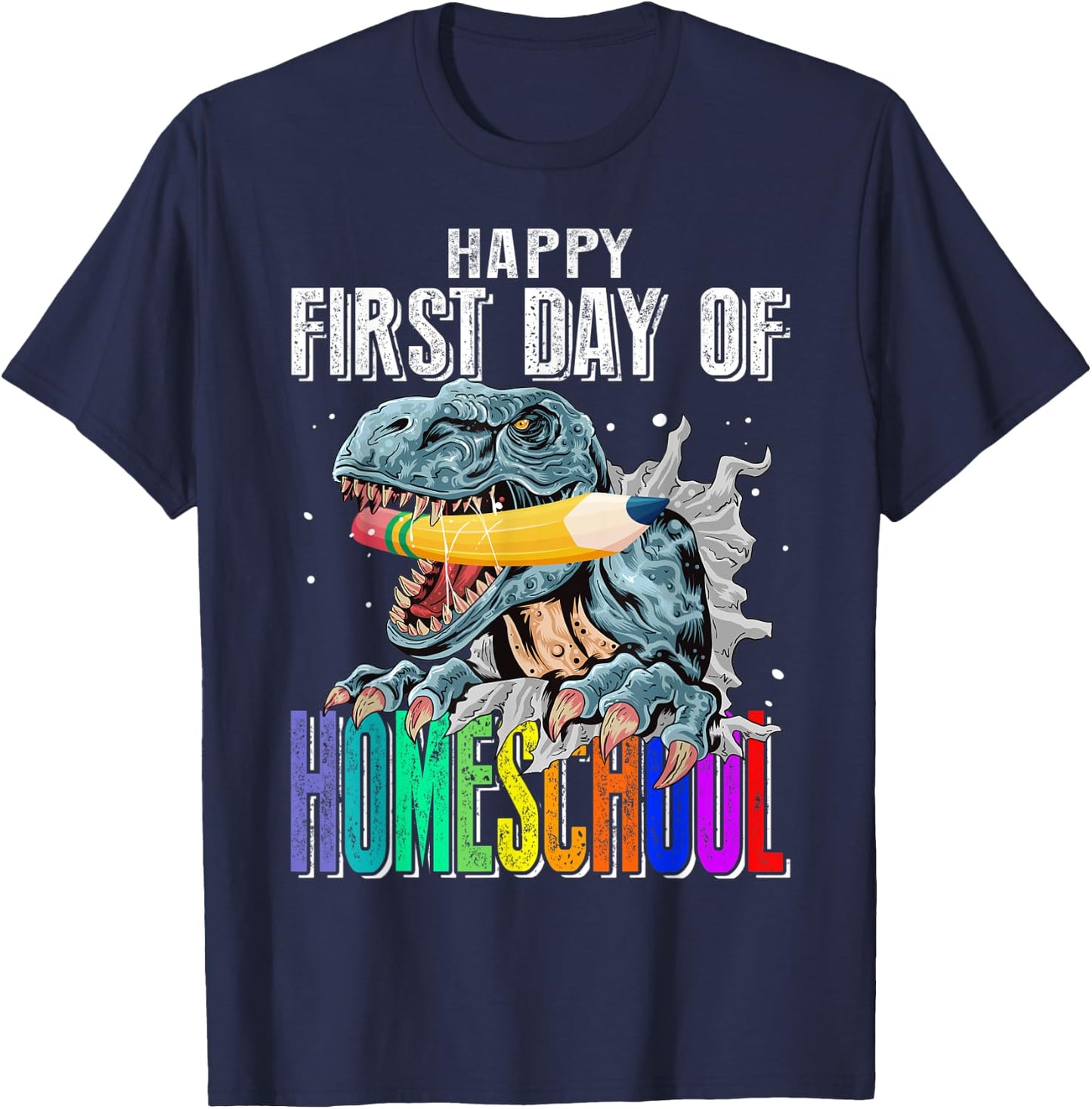 Happy First Day Of Homeschool Dinosaur Back To School T-Shirt - T-Shirt | Navy