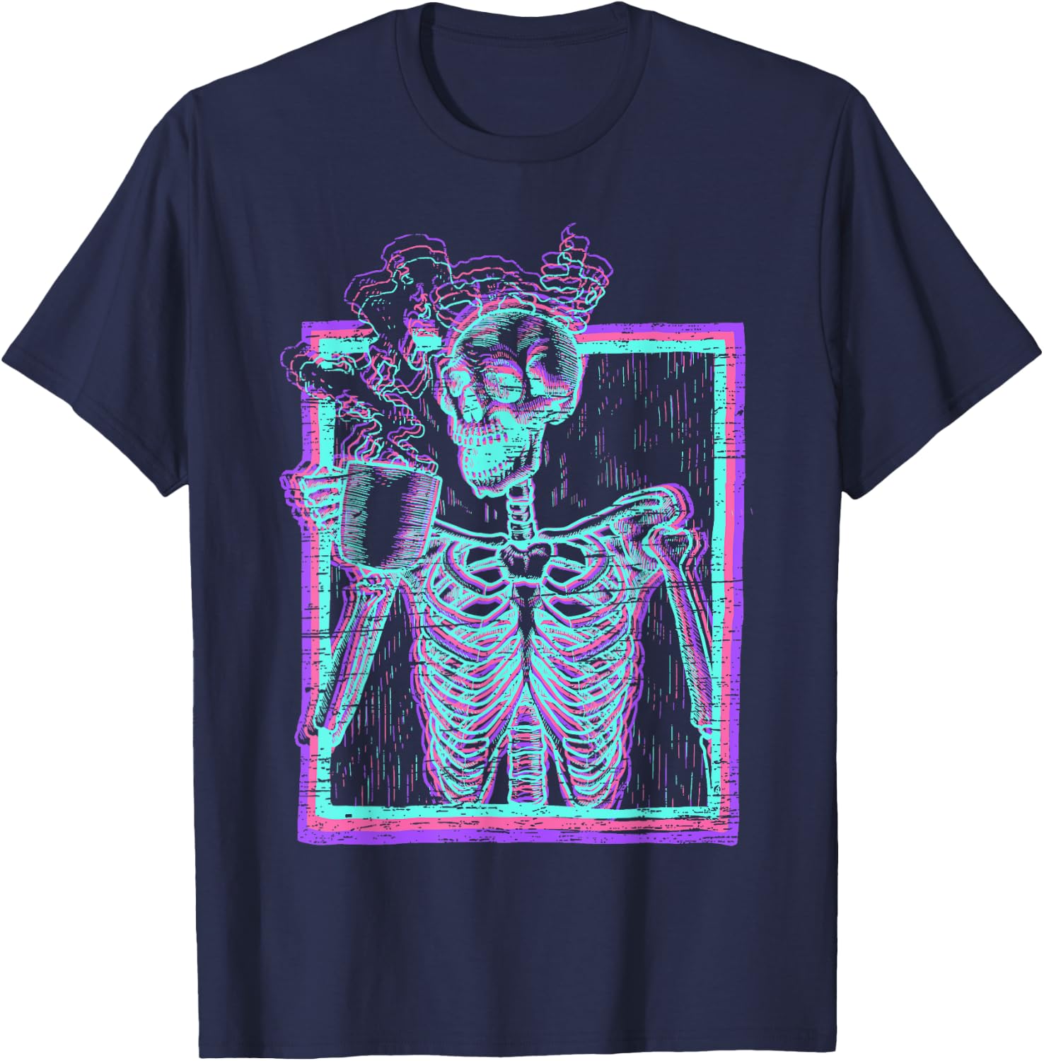 Distressed Synthwave Skeleton Vaporwave Smiling Skull Coffee T-Shirt - T-Shirt | Navy