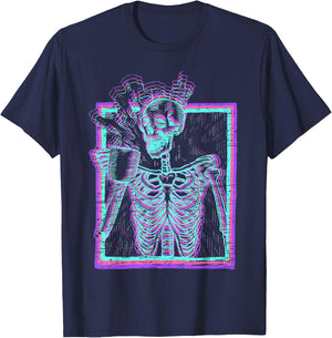 Distressed Synthwave Skeleton Vaporwave Smiling Skull Coffee T-Shirt - T-Shirt | Navy