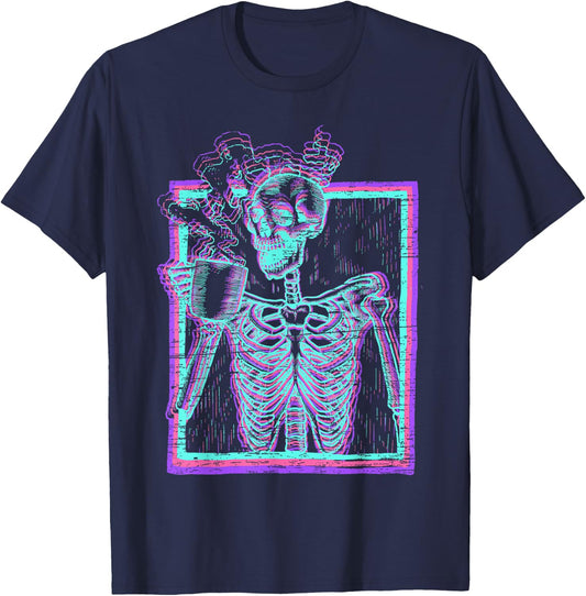 Distressed Synthwave Skeleton Vaporwave Smiling Skull Coffee T-Shirt - T-Shirt | Navy
