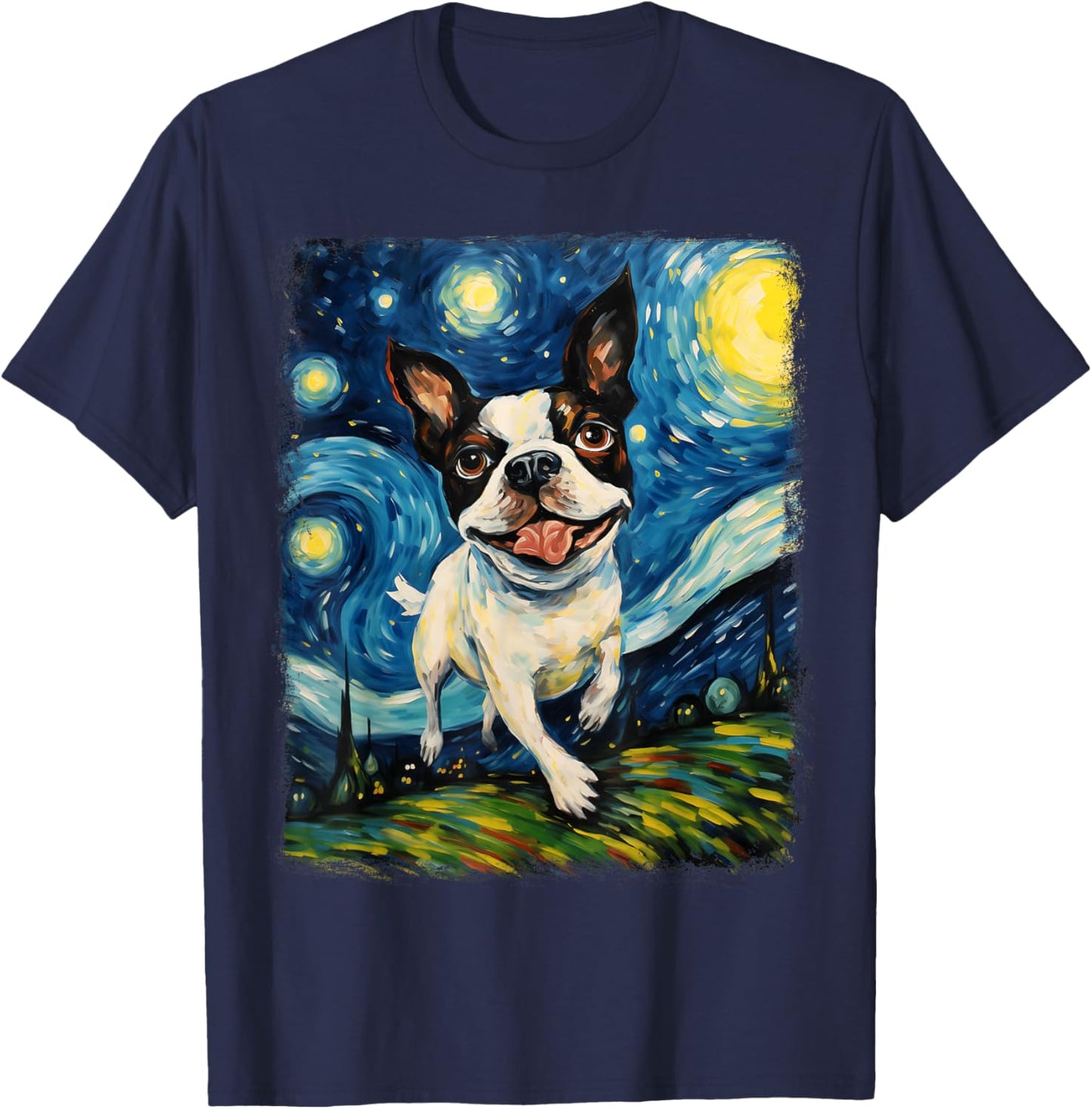 Boston Terrier Dog Starry Night Painting T-Shirt - T-Shirt | Navy