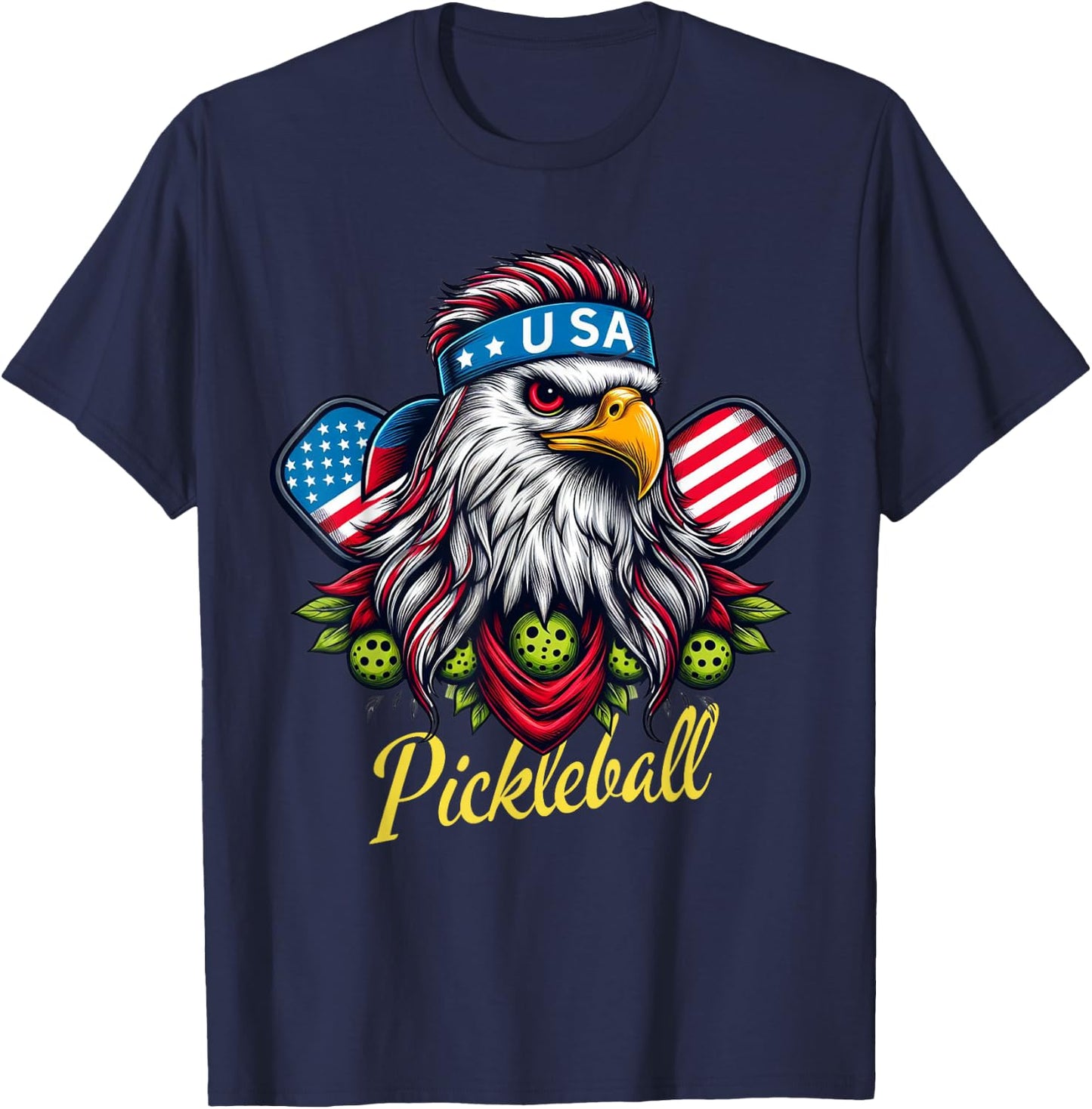 Eagle Mullet Pickleball Lovers 4th of July USA American Flag T-Shirt - T-Shirt | Navy