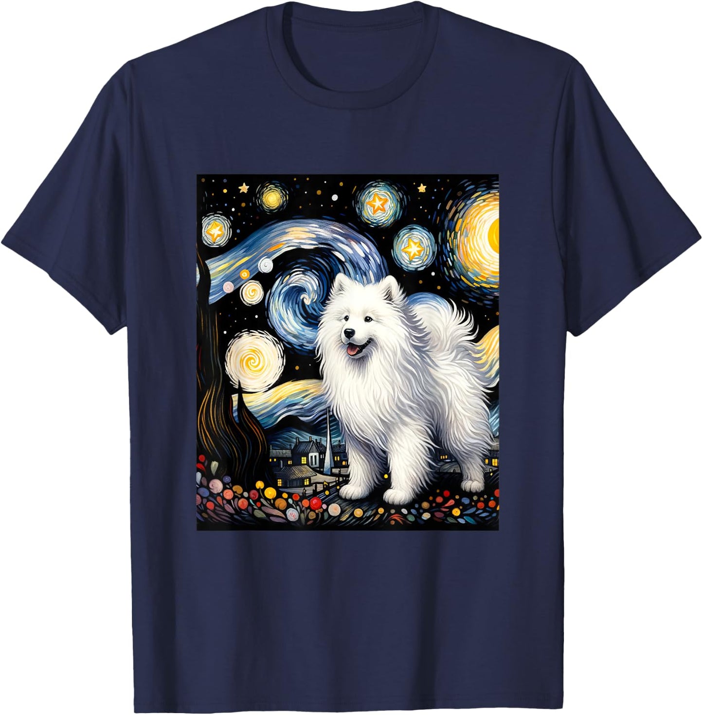 Samoyed Dog Van Gogh Starry Night Painting T-Shirt - T-Shirt | Navy