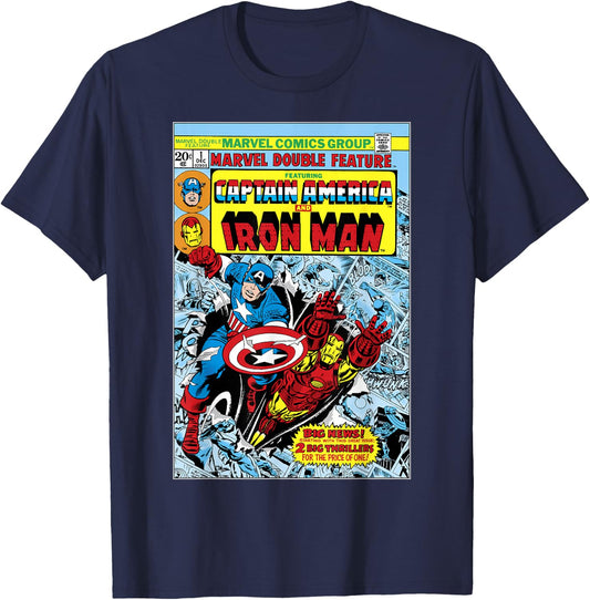 Marvel Double Feature Captain America & Iron Man Comic Cover T-Shirt - T-Shirt | Navy