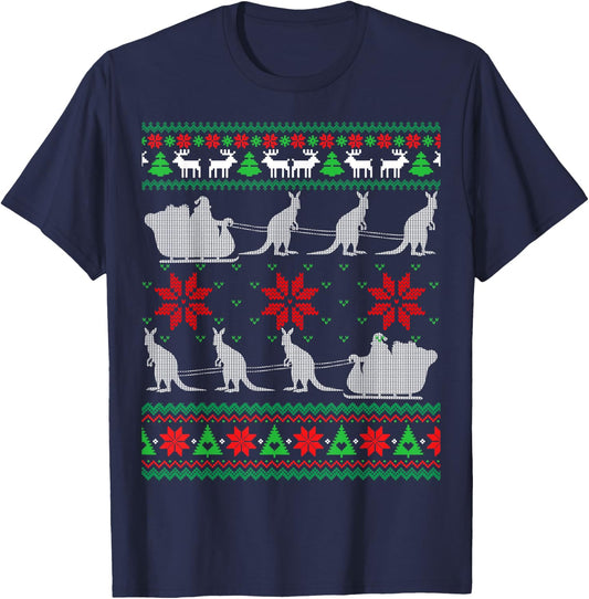 Kangaroo Santa Sleigh Funny Australian Ugly Xmas Sweater T-Shirt - T-Shirt | Navy
