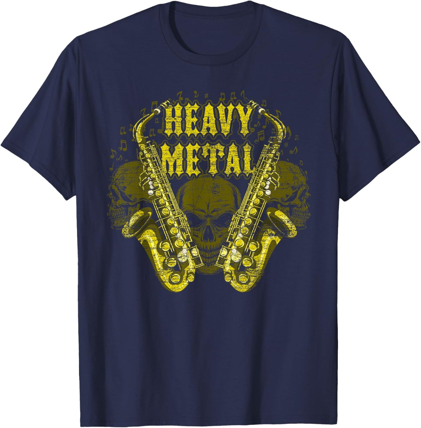 Heavy Metal Skull Scary Sax Player Saxophone T-Shirt - T-Shirt | Navy