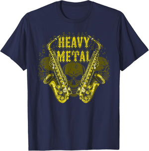 Heavy Metal Skull Scary Sax Player Saxophone T-Shirt - T-Shirt | Navy