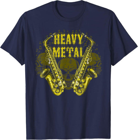 Heavy Metal Skull Scary Sax Player Saxophone T-Shirt - T-Shirt | Navy