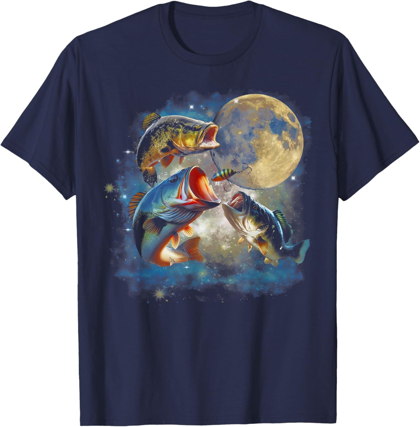 Vintage 90s Largemouth Bass Moon Retro Fisherman Fishing T-Shirt - T-Shirt | Navy