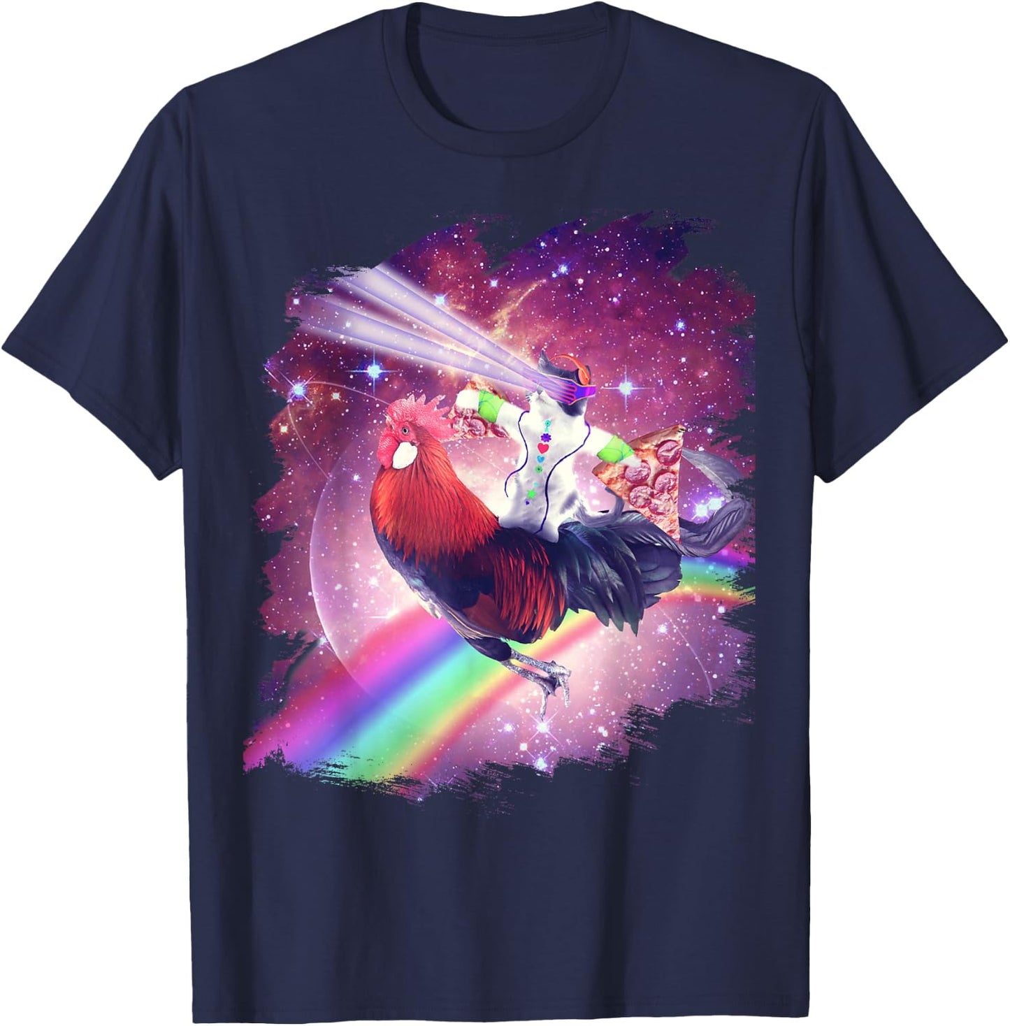 Lazer Rave Space Cat Riding Chicken With Pizza T-Shirt - T-Shirt | Navy