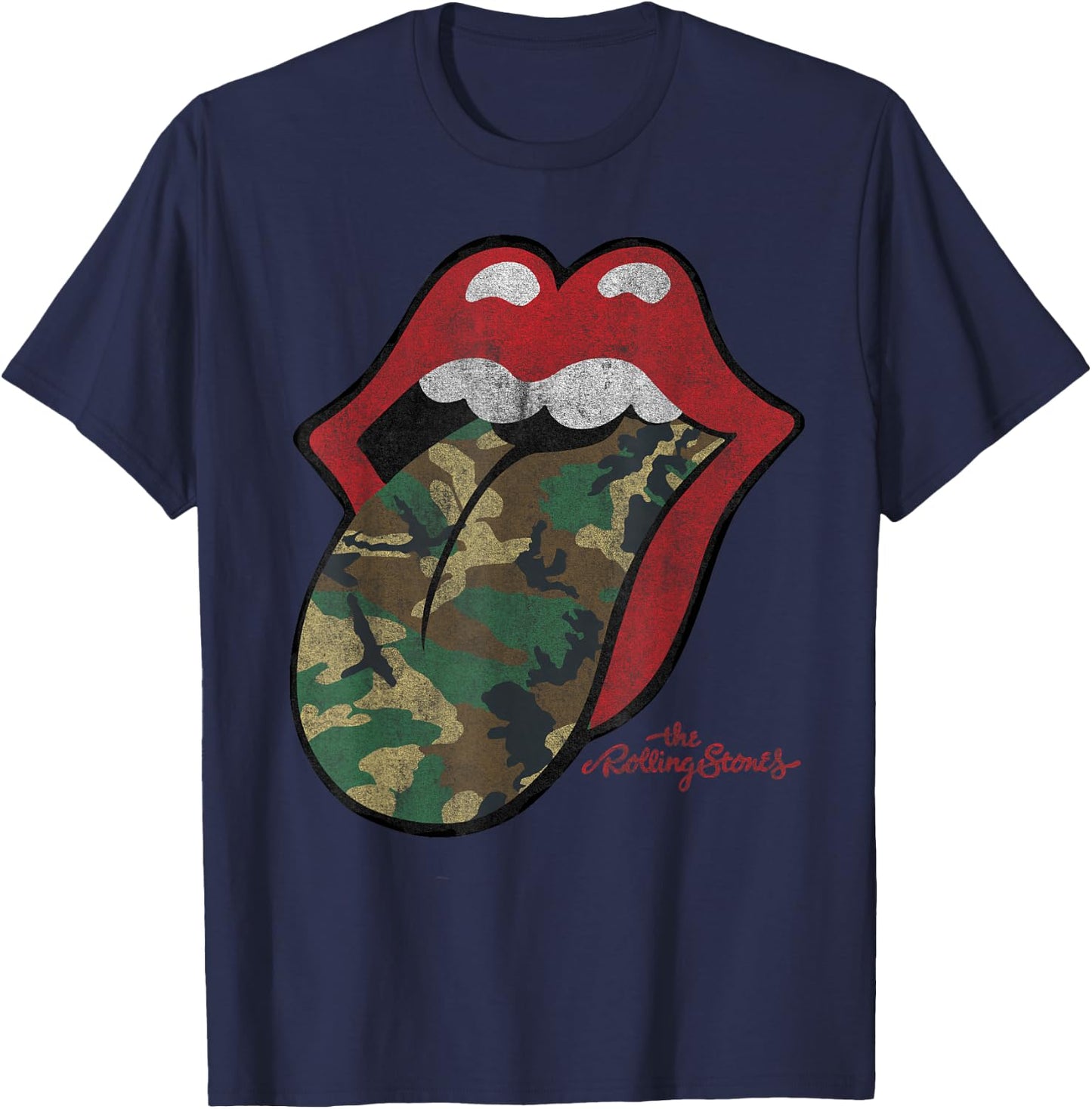 Official Rolling Stones Distressed Camo Tongue T-Shirt - T-Shirt | Navy