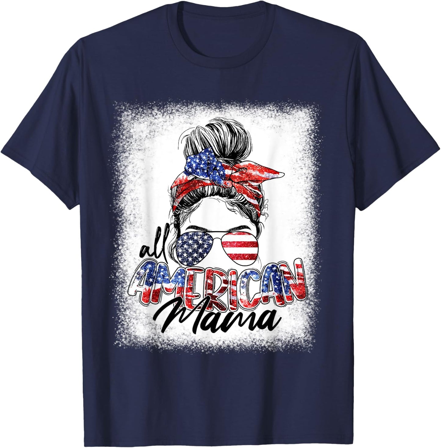 All American Mama Messy Bun Hair Style American Flag T-Shirt - T-Shirt | Navy