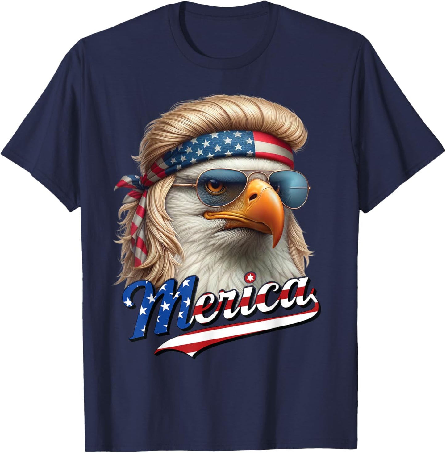 Bald Eagle Merica 4th July Eagle Blonde Mullet Funny Man T-Shirt - T-Shirt | Navy
