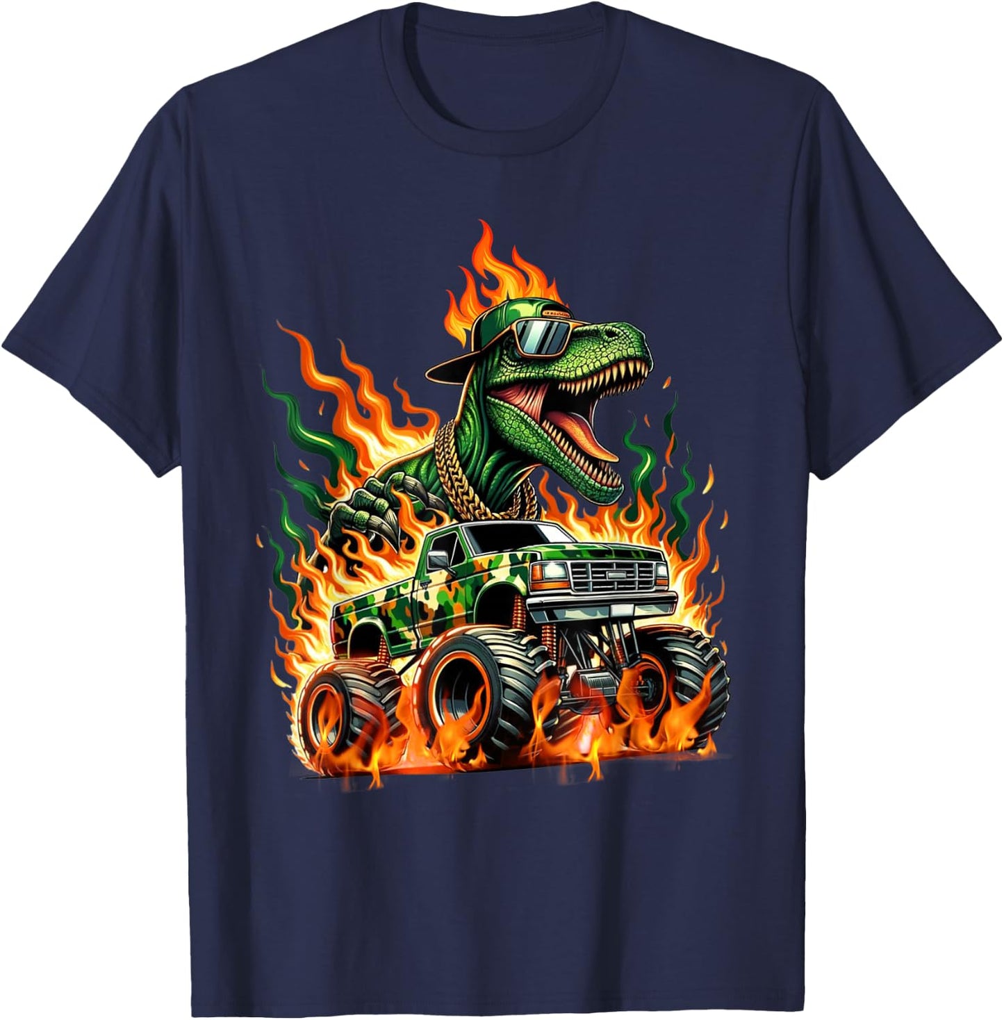 Velociraptor Dinosaur Monster Truck Kids Truck Design Dino T-Shirt - T-Shirt | Navy