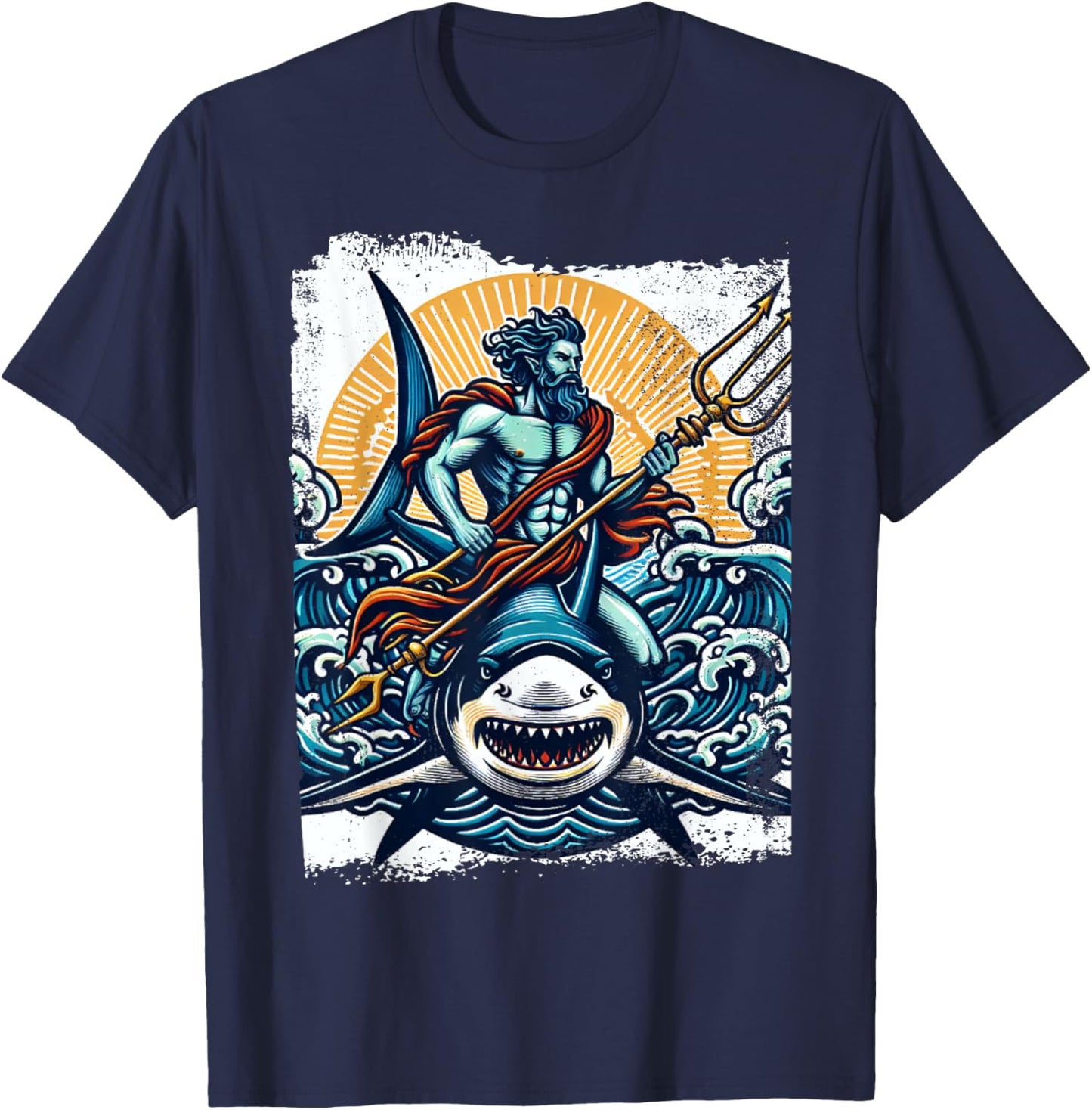 Poseidon Riding Shark Trident Costume Ancient Greek God T-Shirt - T-Shirt | Navy