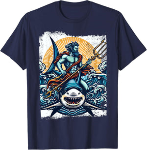 Poseidon Riding Shark Trident Costume Ancient Greek God T-Shirt - T-Shirt | Navy