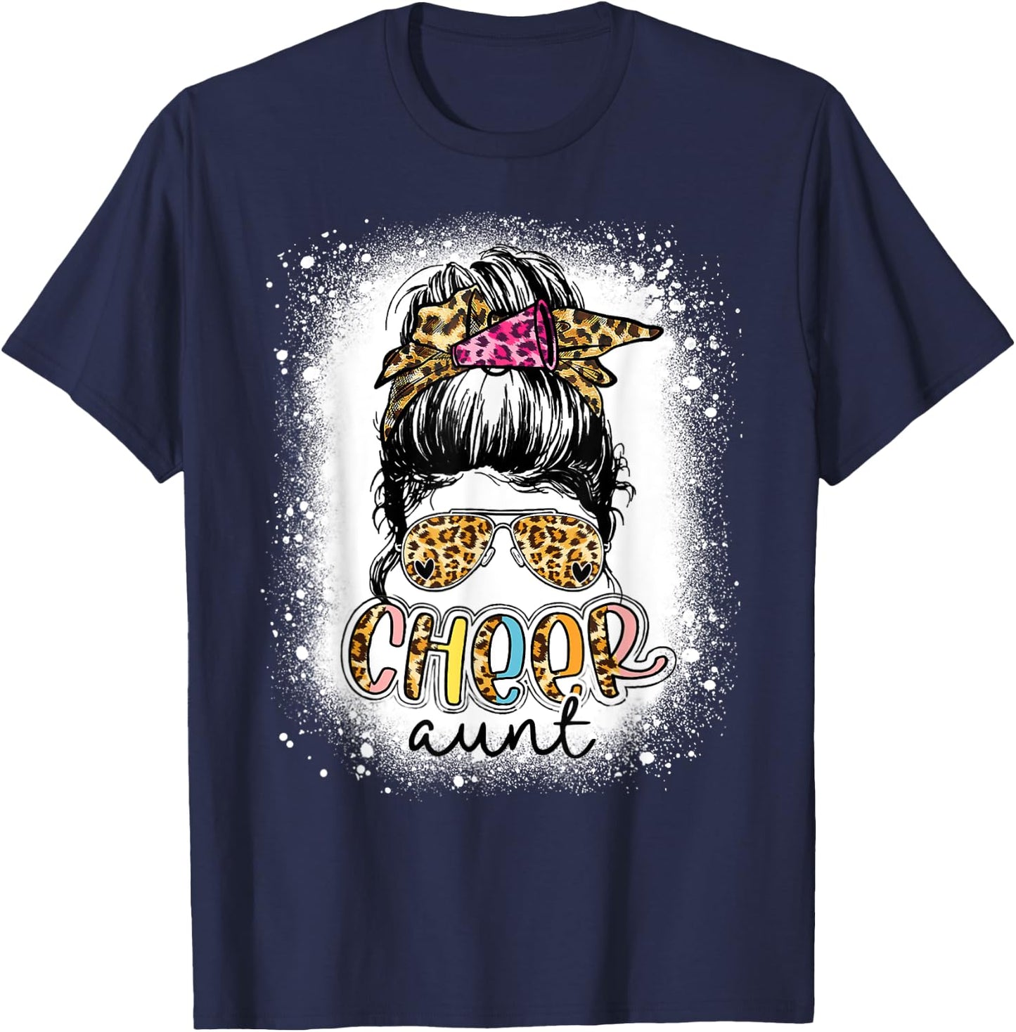 Cheer Aunt Leopard Messy Bun Cheerleader Mothers Day Funny T-Shirt - T-Shirt | Navy