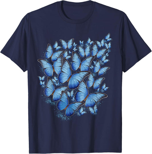Blue Butterfly Art Garden Butterflies T-Shirt - T-Shirt | Navy