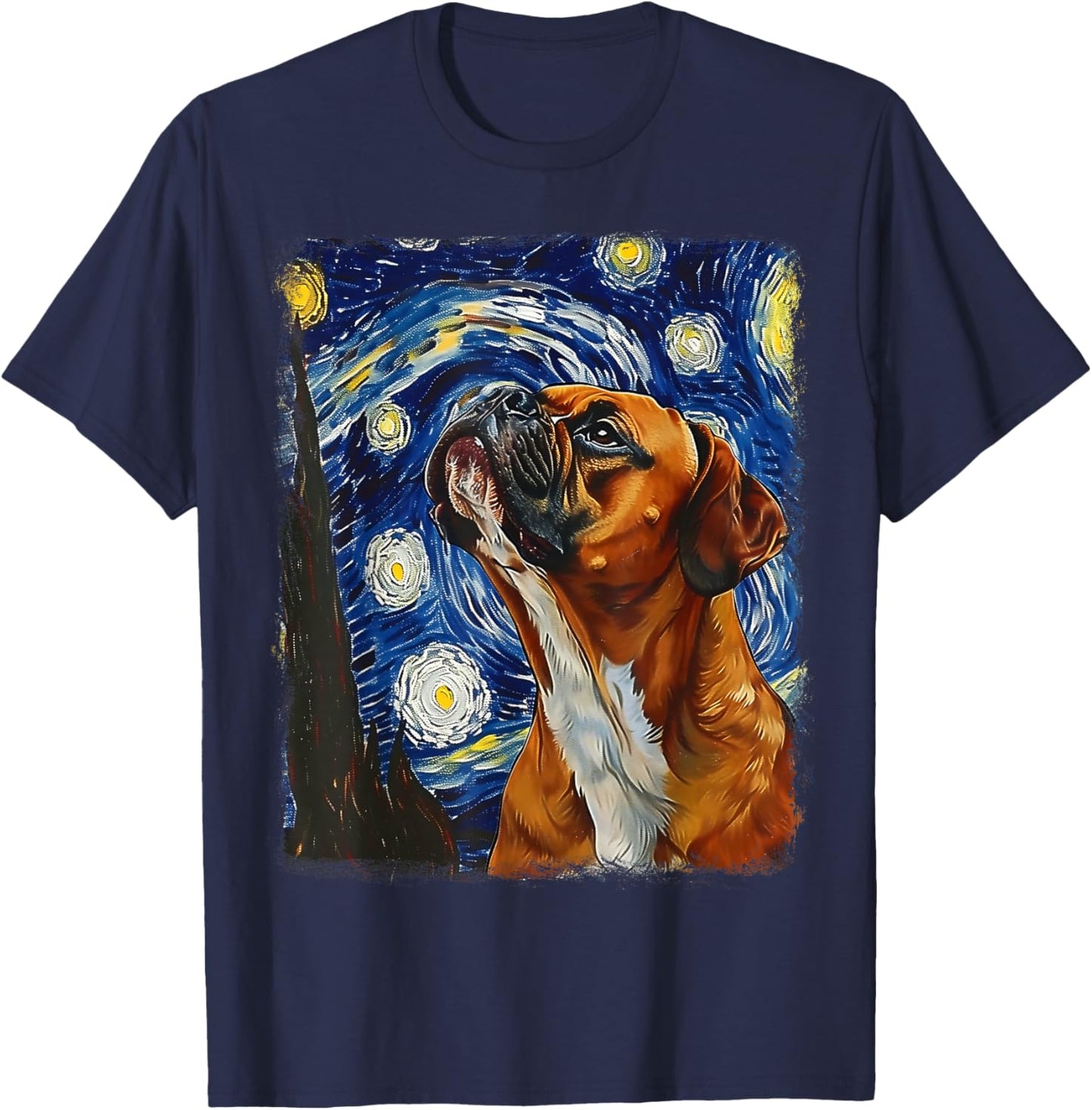 Boxer Dog Starry Night Painting T-Shirt - T-Shirt | Navy