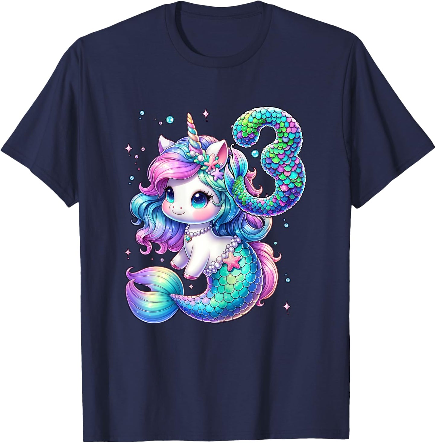 Unicorn Mermaid 3rd Birthday 3 Year Old Party Girls Outfit T-Shirt - T-Shirt | Navy