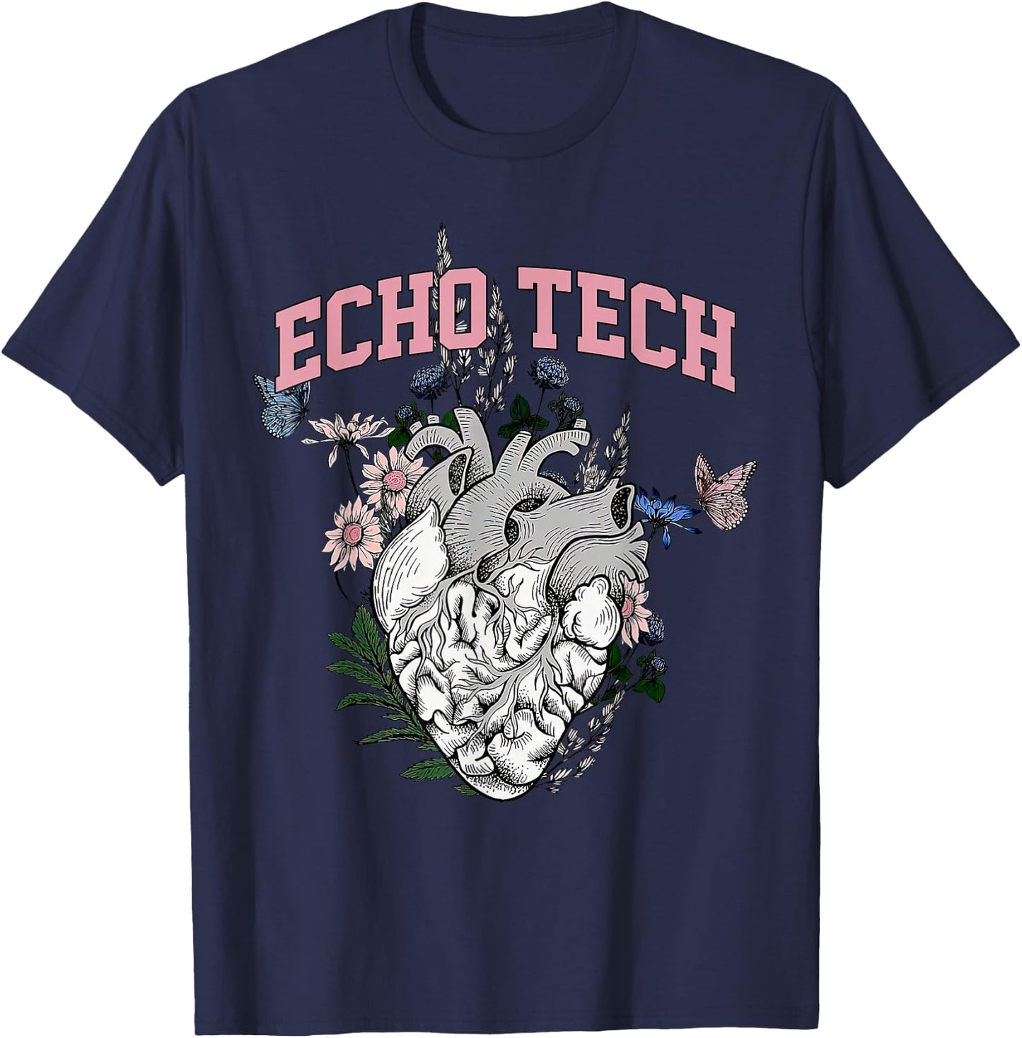 Anatomical Heart Floral Echo Tech Cardiac Sonographer T-Shirt - T-Shirt | Navy
