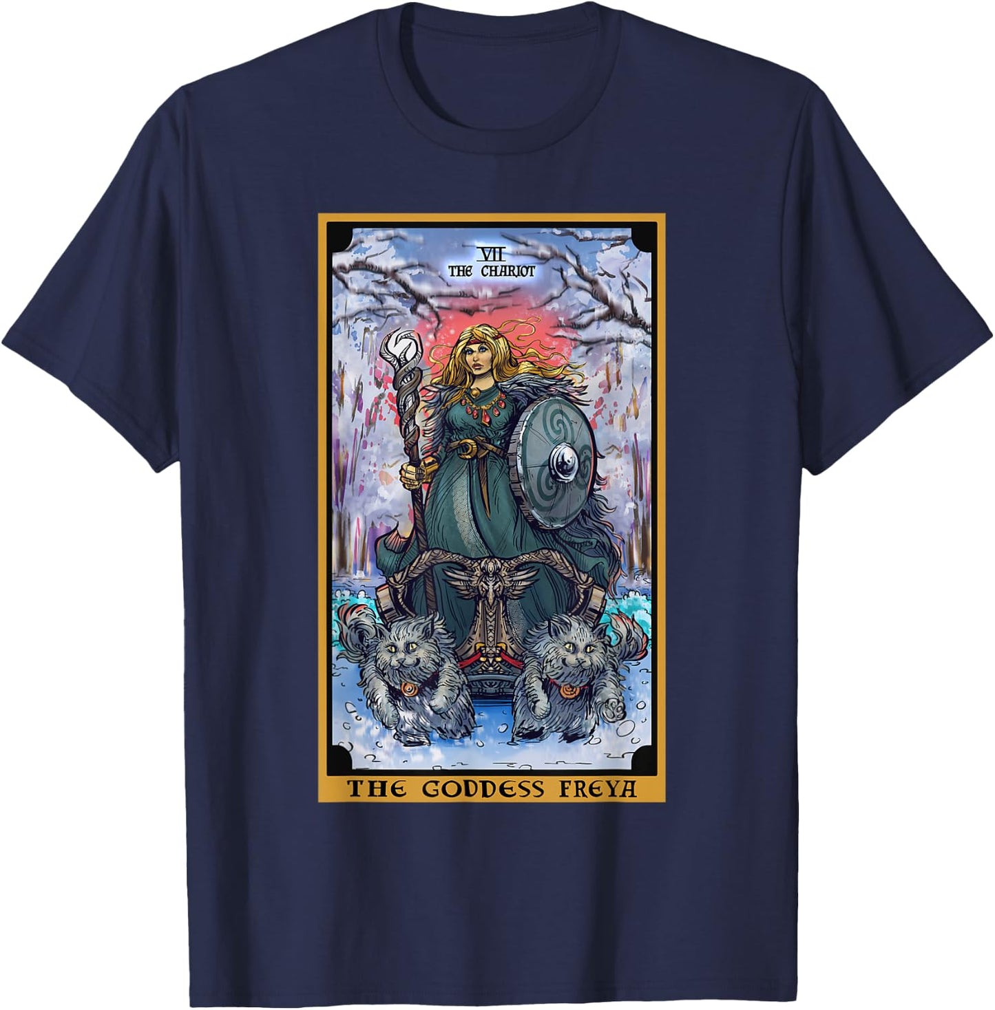 The Goddess Freyja The Chariot Tarot Card Norse Pagan Witch T-Shirt - T-Shirt | Navy