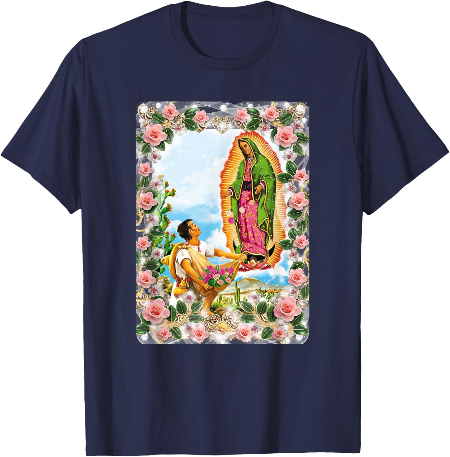 Our Lady of Guadalupe Virgin Mary Catholic Beautiful Roses T-Shirt - T-Shirt | Navy