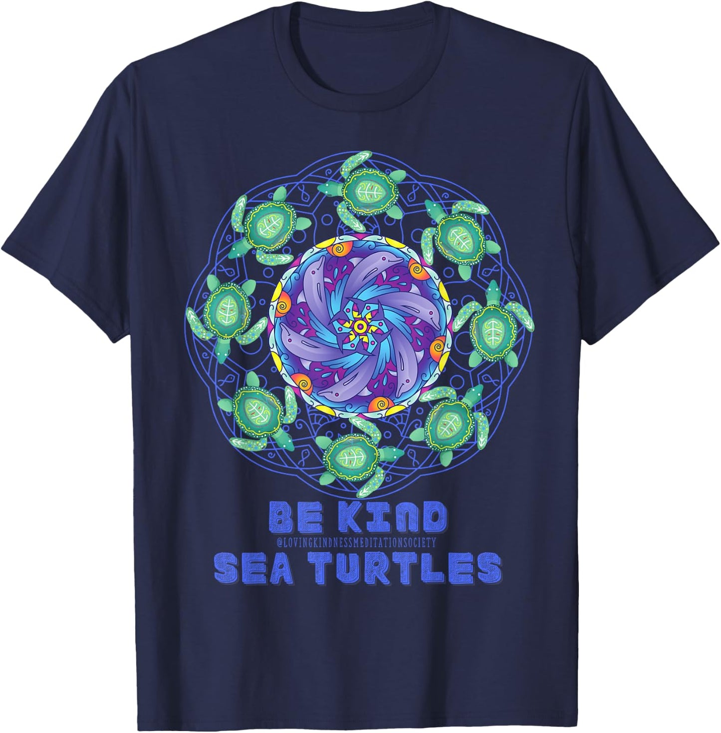 Sea Turtle Dolphins Mandala Ocean Surf Beach Loving Kindness T-Shirt - T-Shirt | Navy
