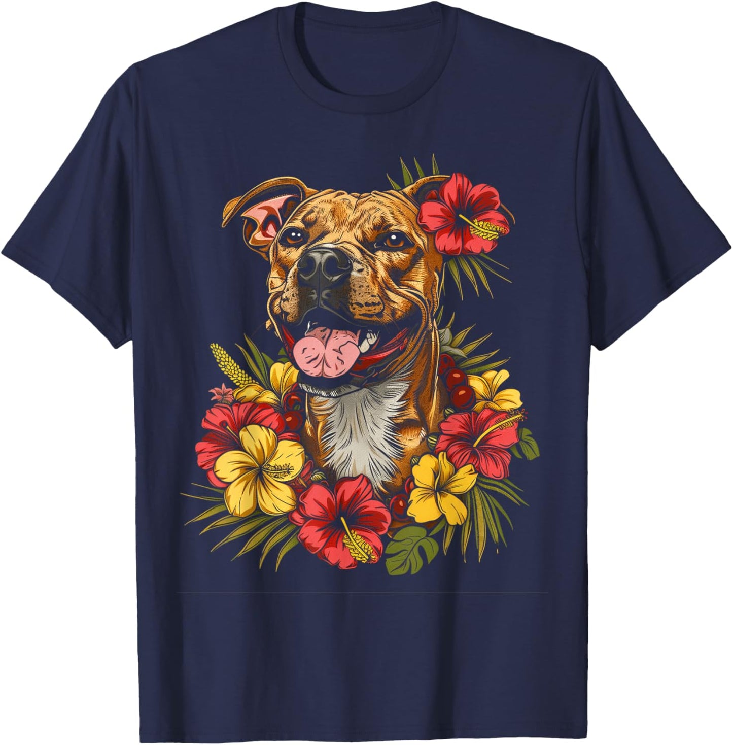 Pitbull Hawaiian Flowers Hibiscus Hula Hawaii Dog T-Shirt - T-Shirt | Navy
