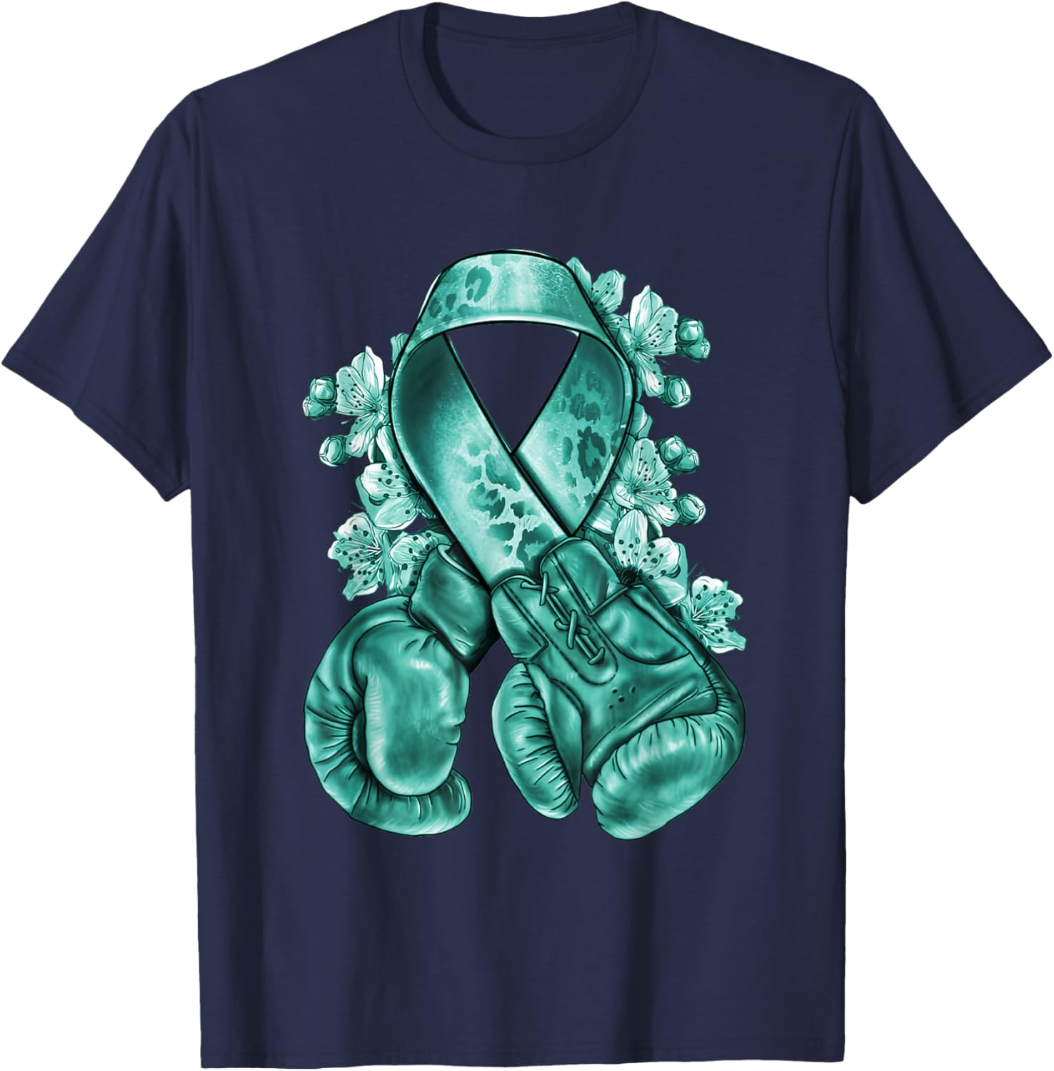 Ovarian Cancer teal ribbon with boxing gloves Awareness T-Shirt - T-Shirt | Navy