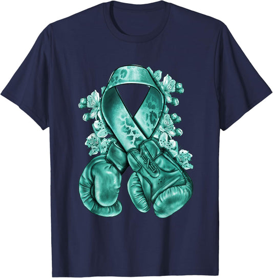 Ovarian Cancer teal ribbon with boxing gloves Awareness T-Shirt - T-Shirt | Navy