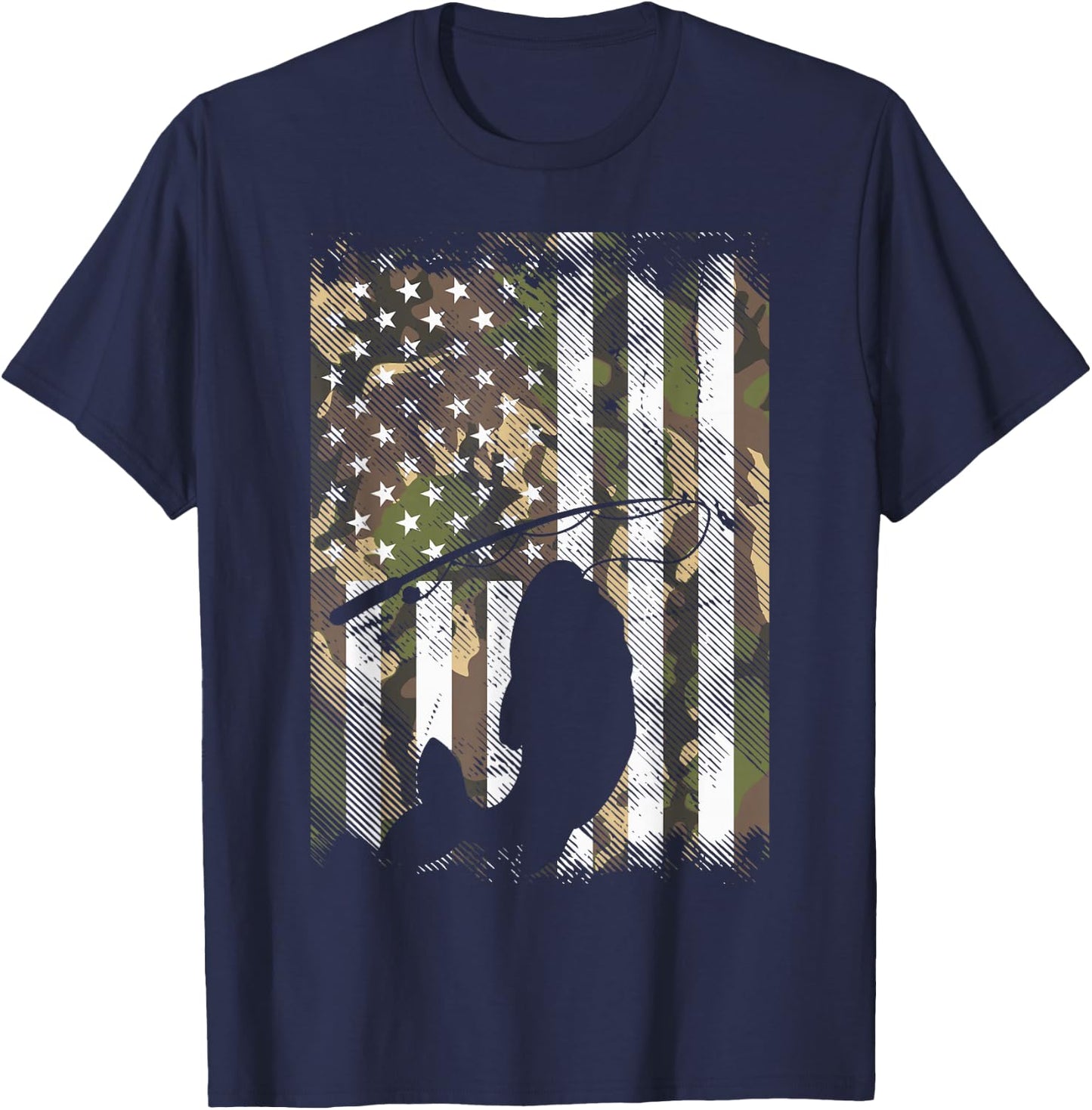 Camo American Flag Fish Fishing Patriotic Fisherman Gift T-Shirt - T-Shirt | Navy