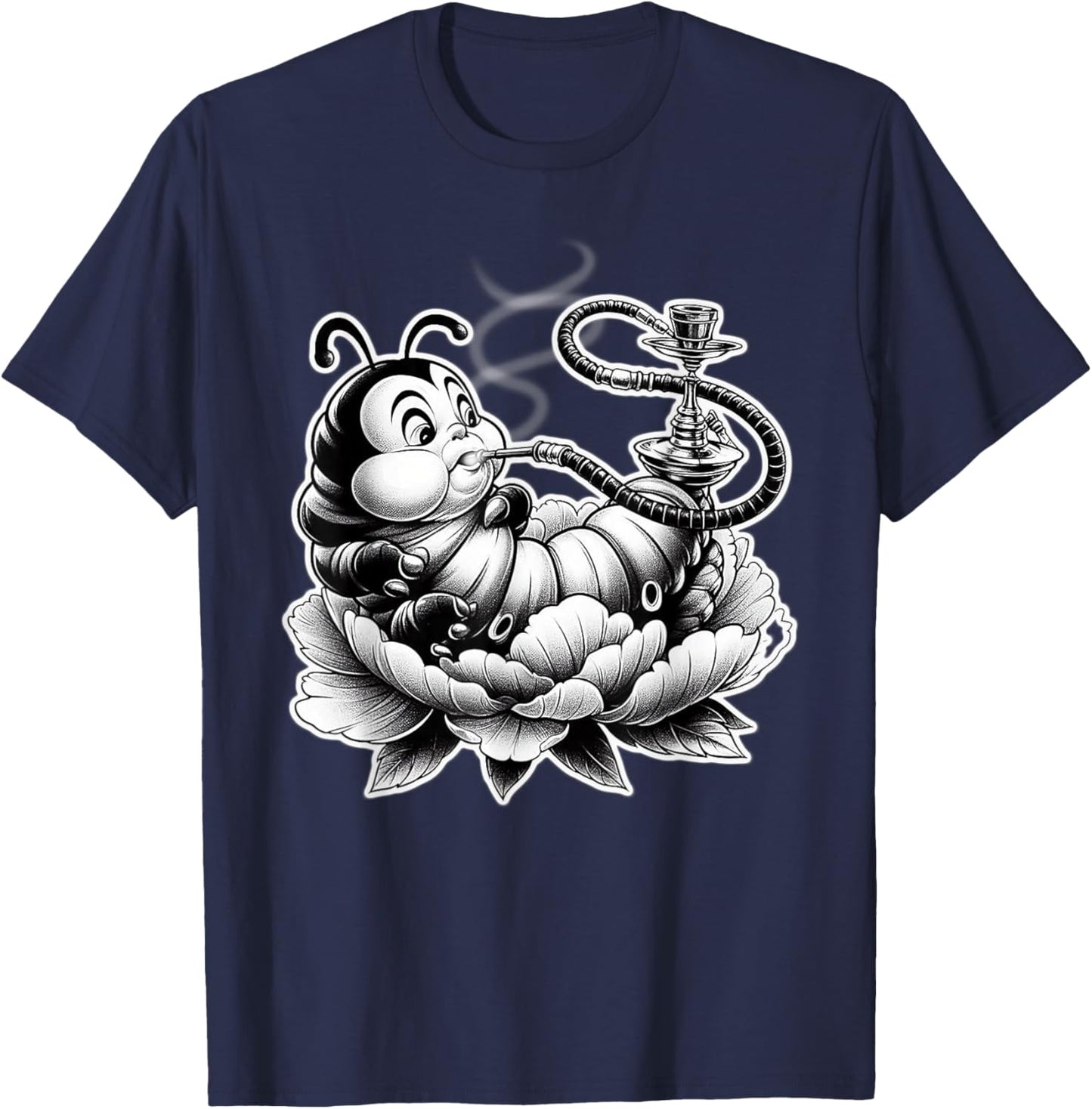 Caterpillar Smoking Hookah on Flower Blackwork T-Shirt - T-Shirt | Navy