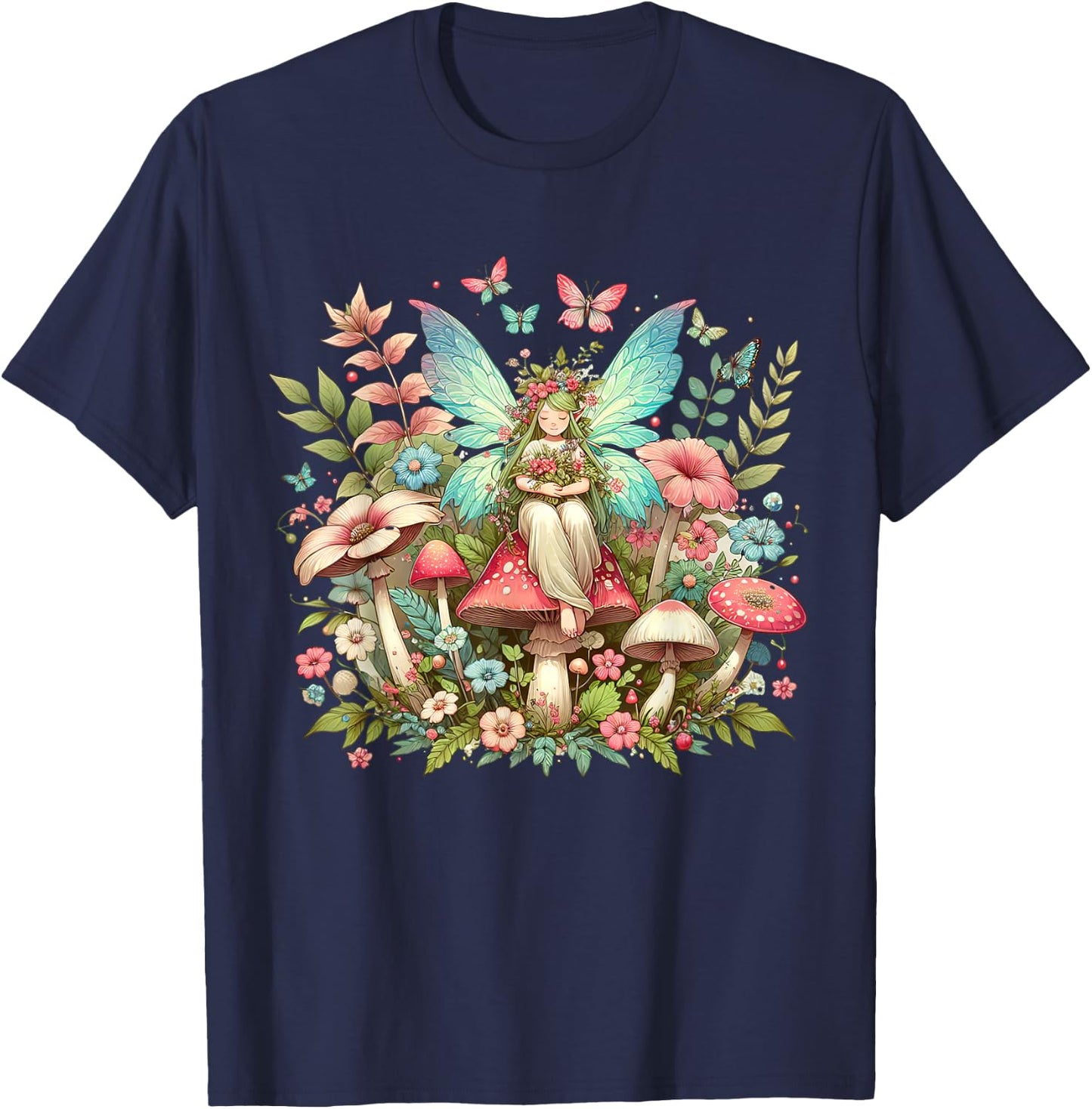 Enchanted Forest Fairy Fantasy Mystical Butterfly & Floral T-Shirt - T-Shirt | Navy