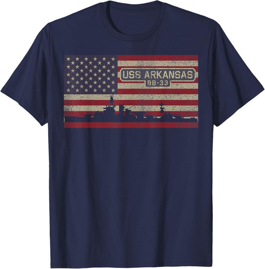USS Arkansas BB-33 WW1 WW2 Battleship USA American Flag T-Shirt - T-Shirt | Navy